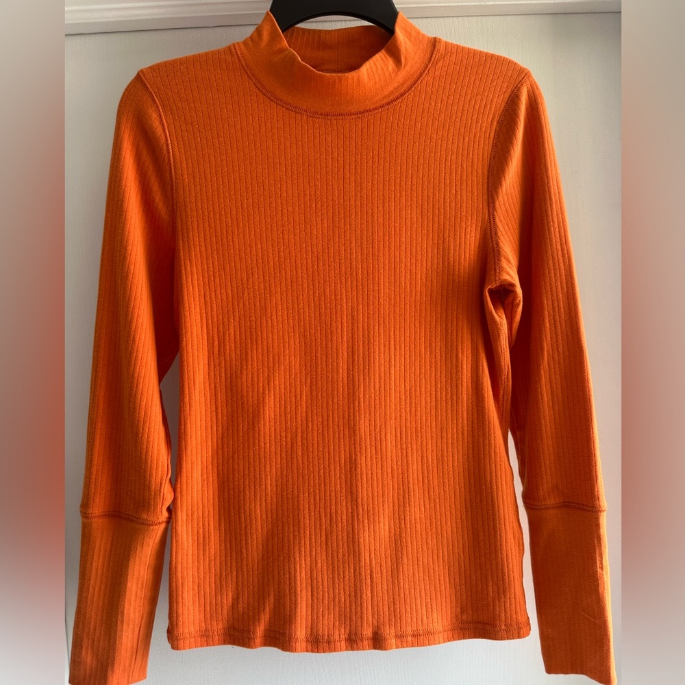 Free People Orange Ribbed Mock Neck Top Large | Fitted Long Sleeve